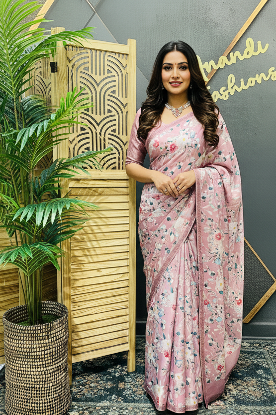 Crape Silk Digital print Floral sarees with stitched blouse