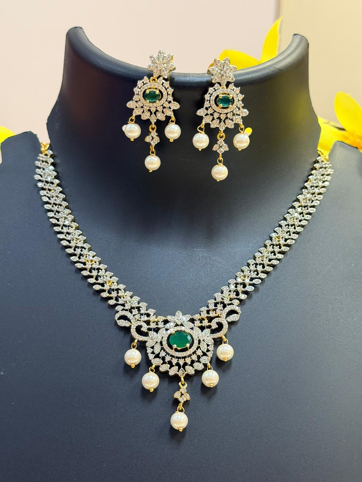 Cute CZ Necklace set with Emerald Stones