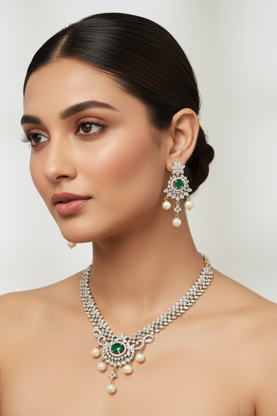 Cute CZ Necklace set with Emerald Stones
