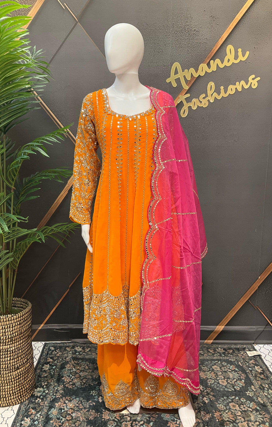 Orange Georgette Sharara Set with Real Mirror Work - Party Wear