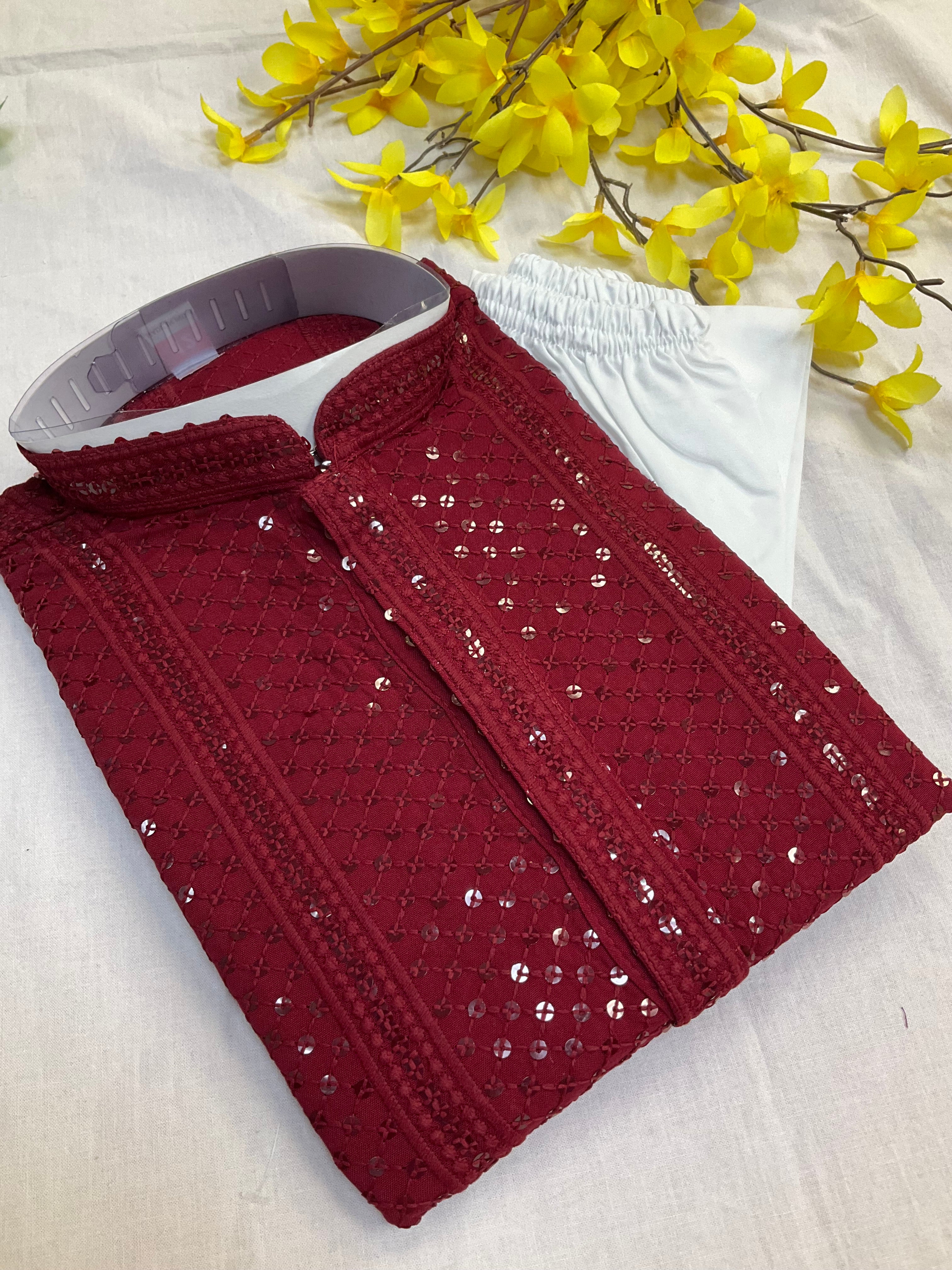 Red Boys Sequence Kurta Set - Premium Embroidered Ethnic Wear