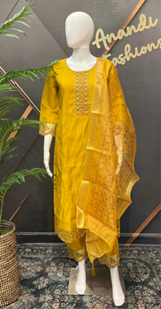 Mustard Yellow Party Wear Kurti Set - Roman Silk with Digital Print Dupatta