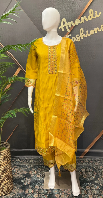 Mustard Yellow Party Wear Kurti Set - Roman Silk with Digital Print Dupatta