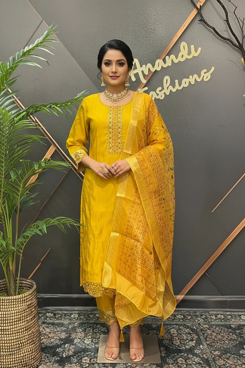 Woman wearing a yellow embroidered Indian ethnic suit with matching dupatta and jewelry at Anandi Fashions