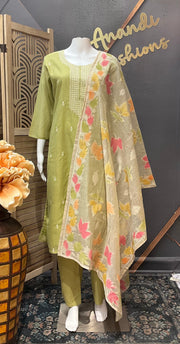 Green cotton Chanderi silk kurti set