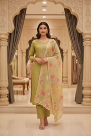Green cotton Chanderi silk kurti set