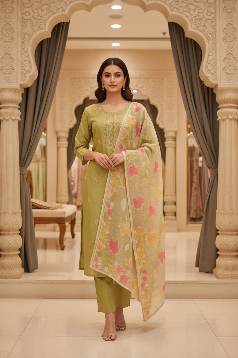 Green cotton Chanderi silk kurti set