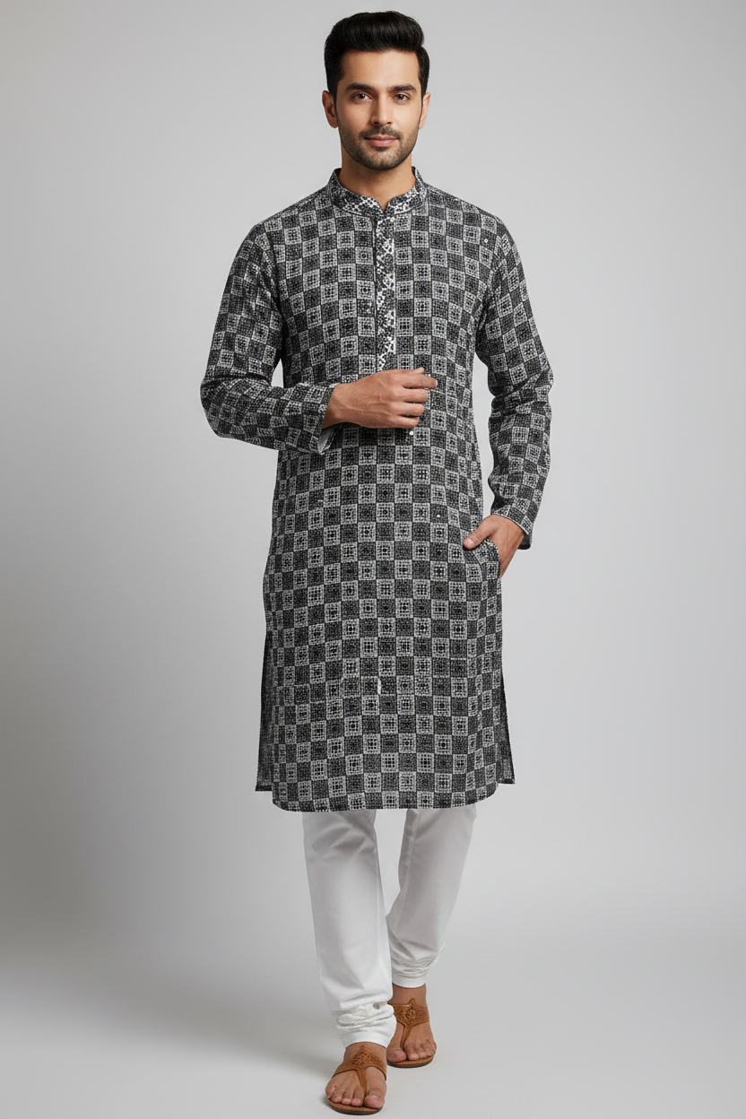 Black and White Chikankari Mens kurta set
