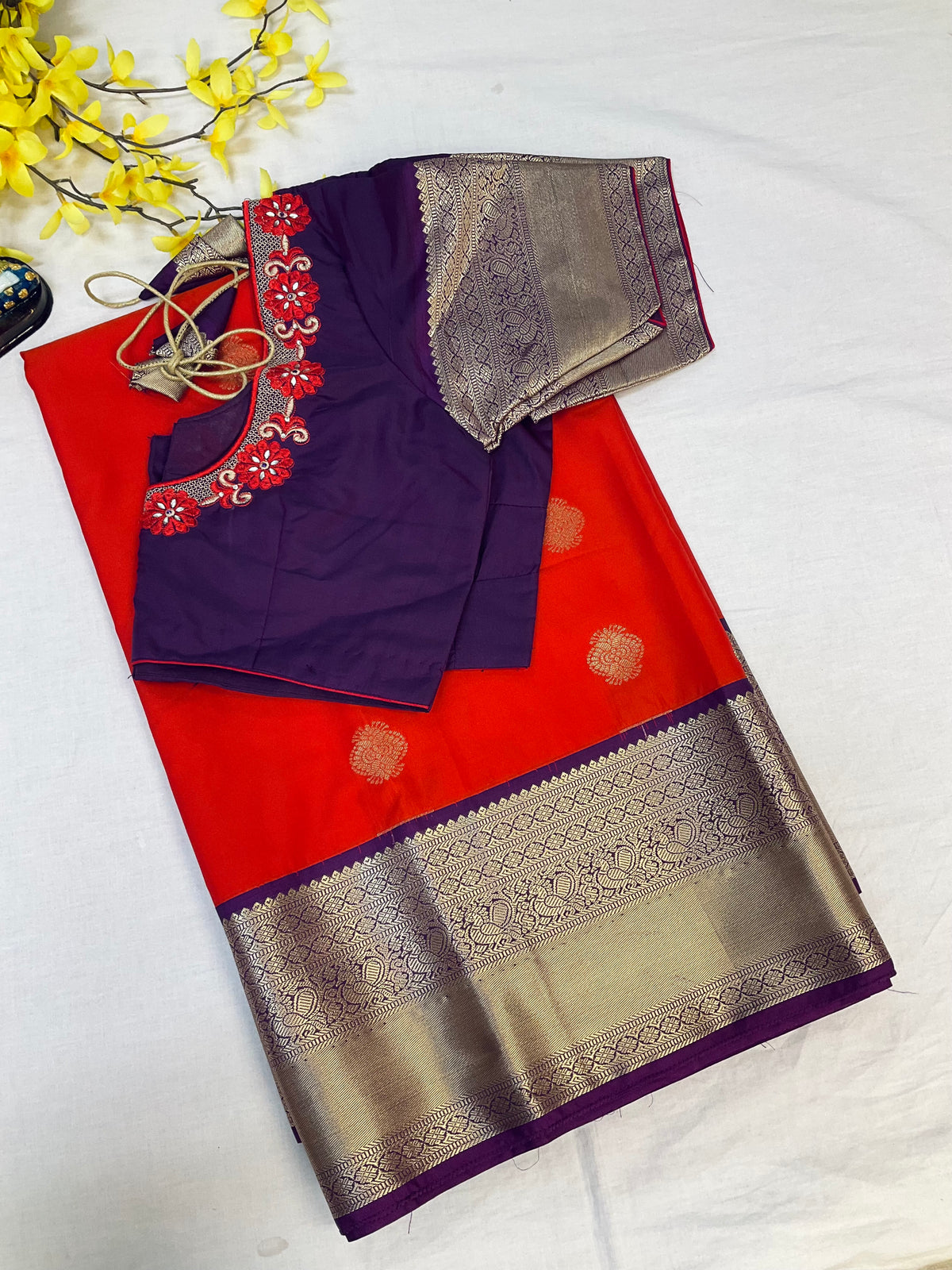 Semi Silk Red Saree with Work Stitched Blouse