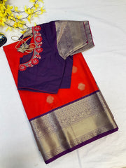 Semi Silk Red with Work Stitched Blouse Embroidered Kanjeevaram Saree