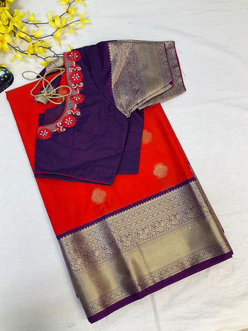 Semi Silk Red Saree with Work Stitched Blouse