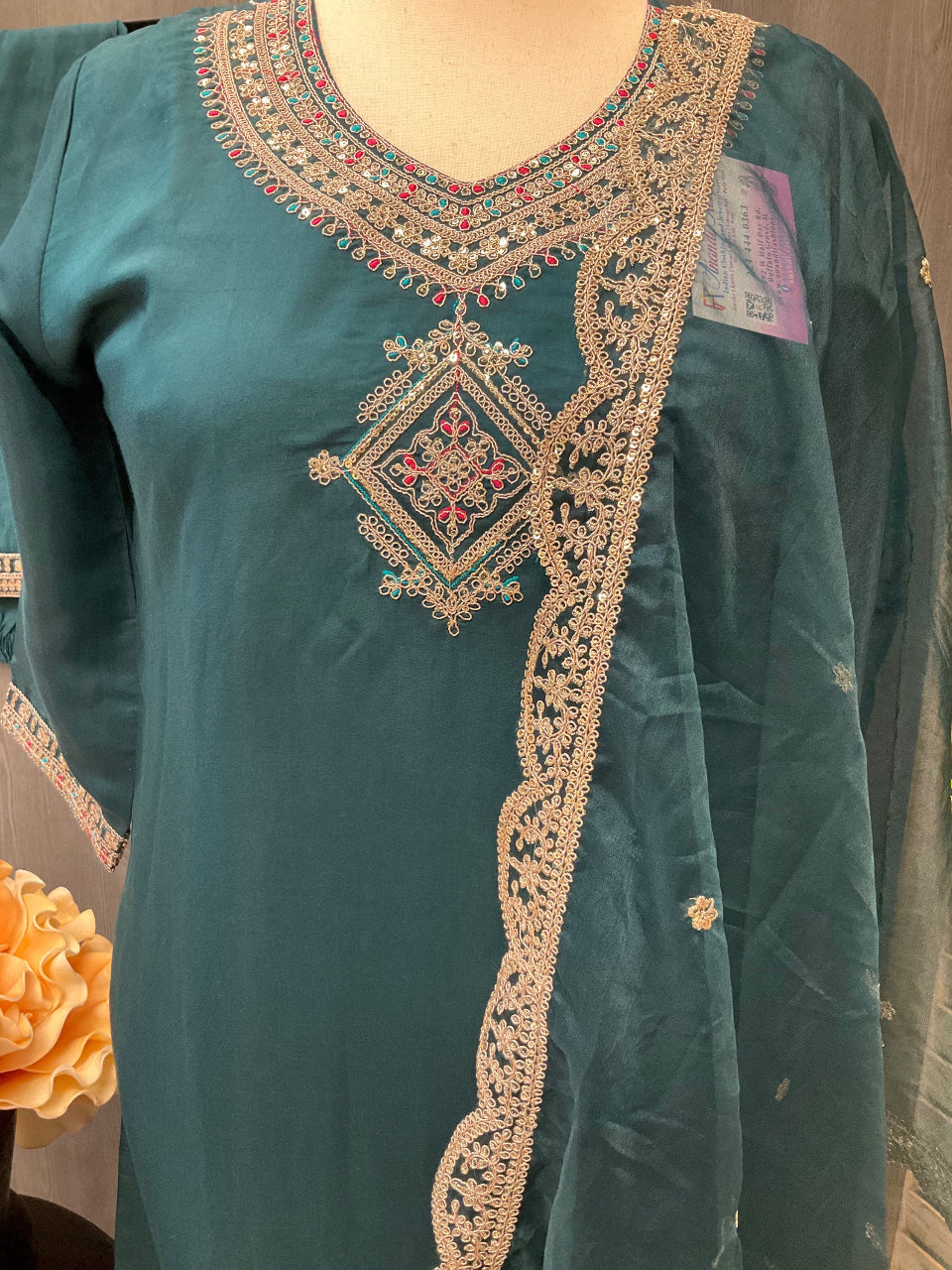 Plus Size - Peacock Blue Color Party wear 3 Piece Kurti  set image 1