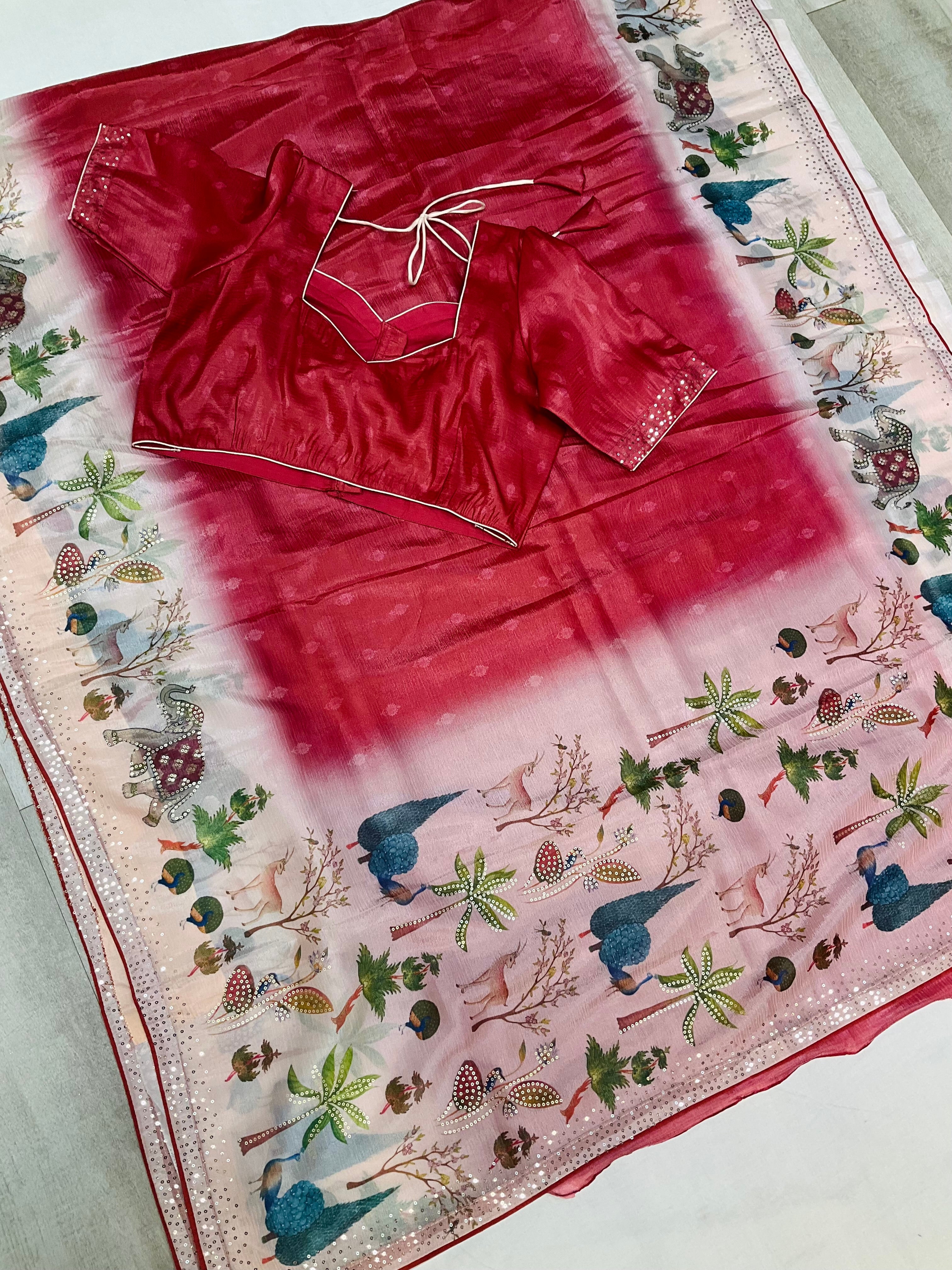 Red Party wear saree with Stitched blouse - fall pico done