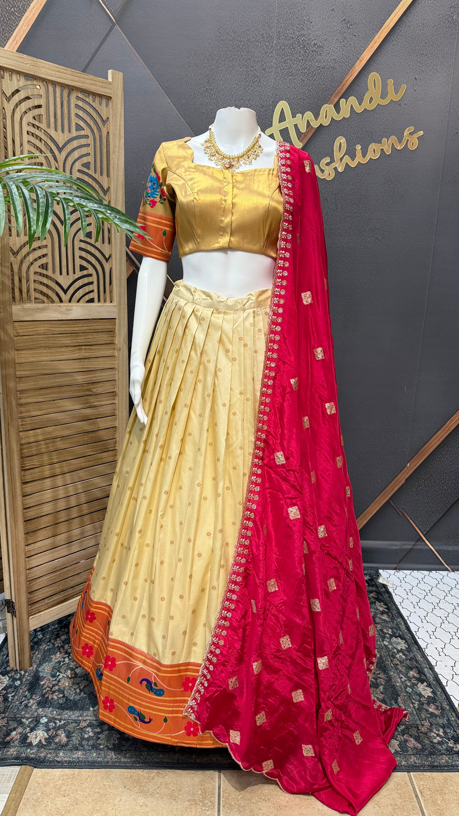 Teenage Girls Semi Paithani Half Saree/Lehenga set in Beige Color