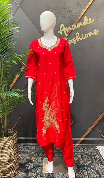 Red Party Wear Kurti Set - Roman Silk with Benarasi Dupatta & Gold Zari