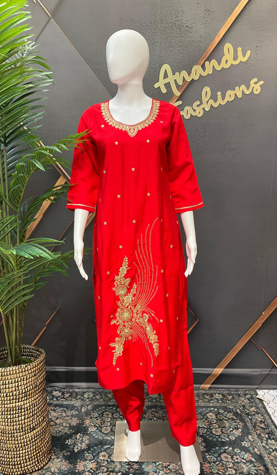 Red Party Wear Kurti Set - Roman Silk with Benarasi Dupatta & Gold Zari