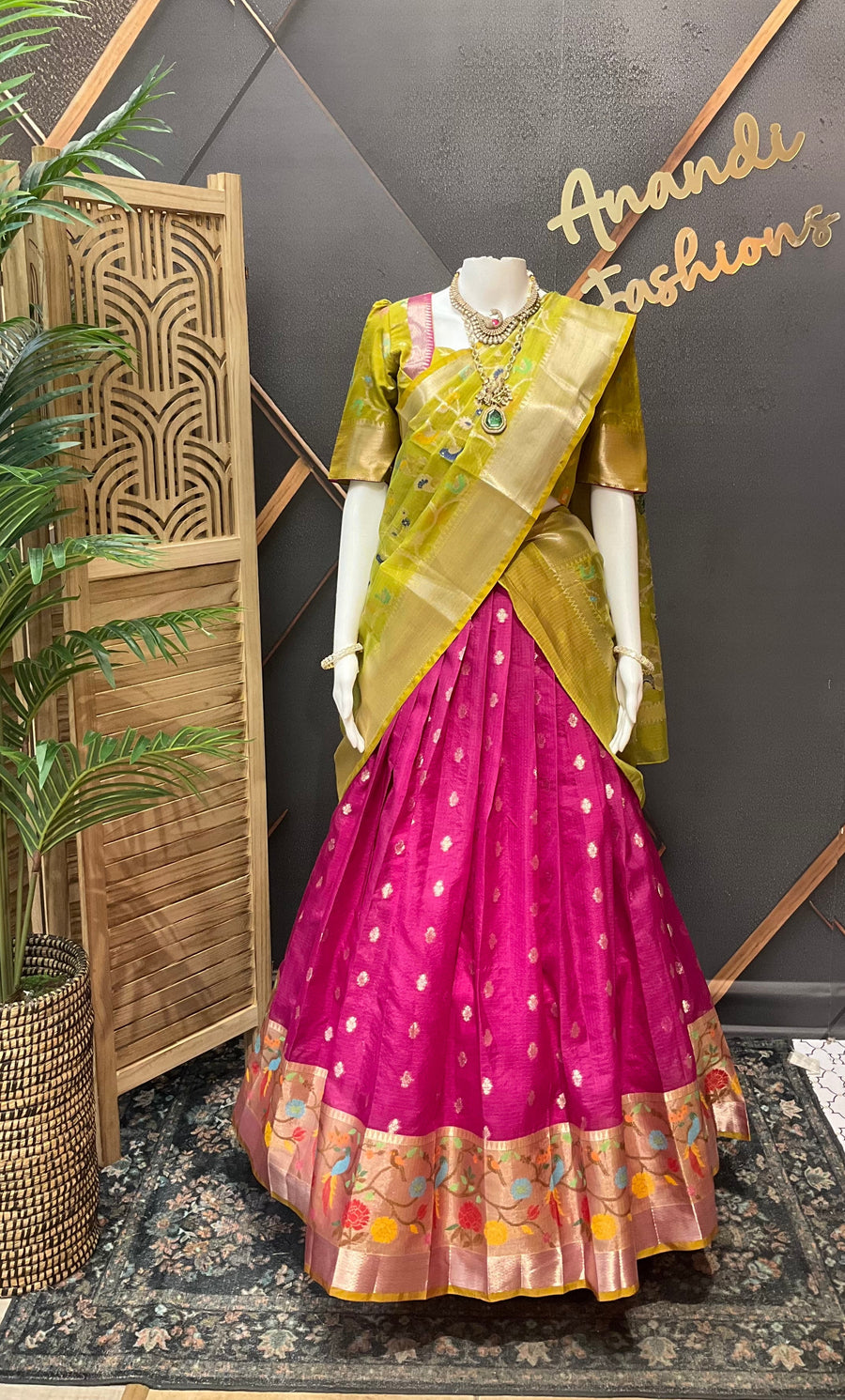 Pink & Green Silk Kota Half Saree set