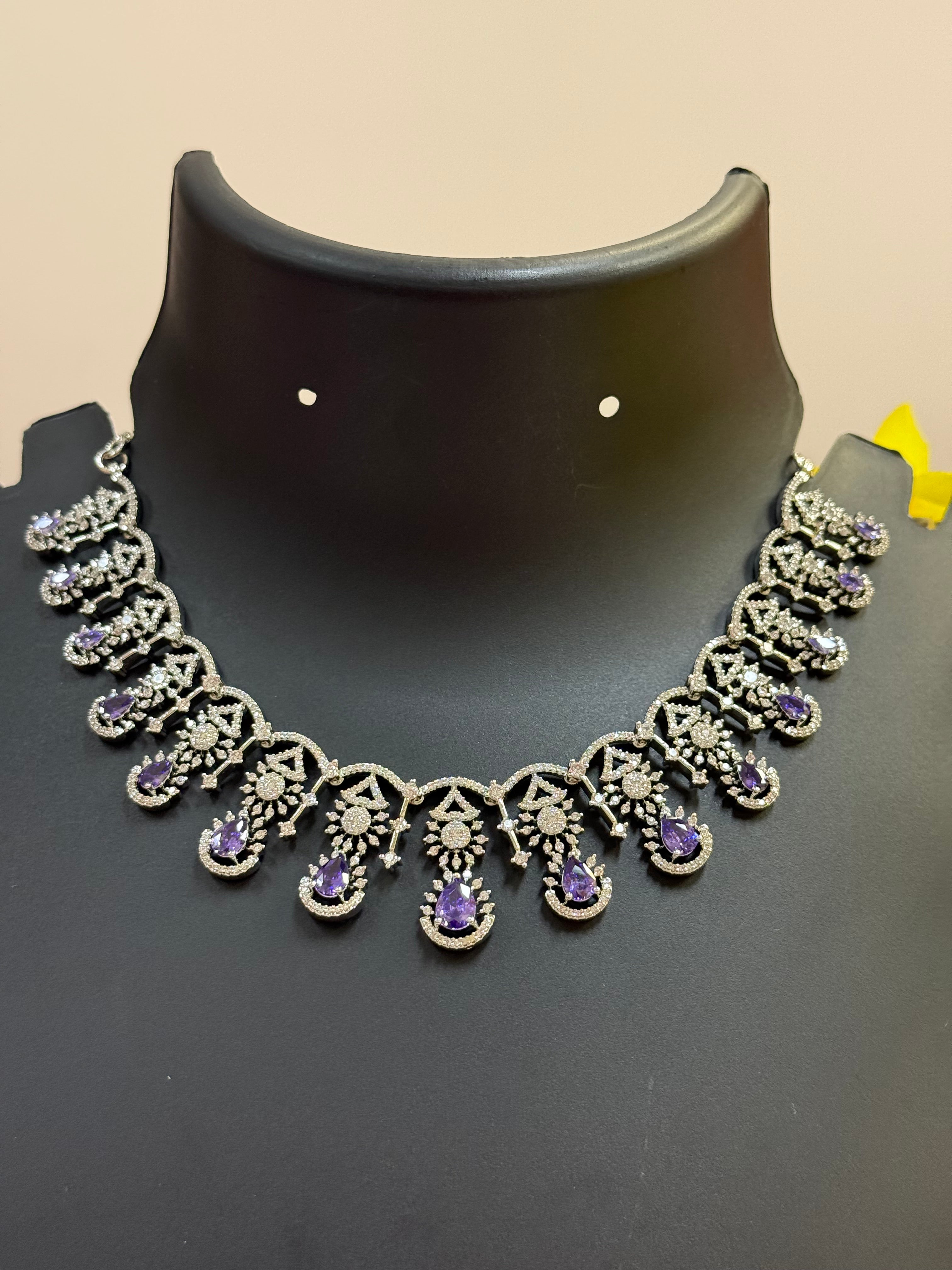 Silver Finish Party Wear CZ Necklace set with Purple Stone