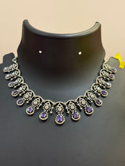 Silver Finish Party Wear CZ Necklace set with Purple Stone