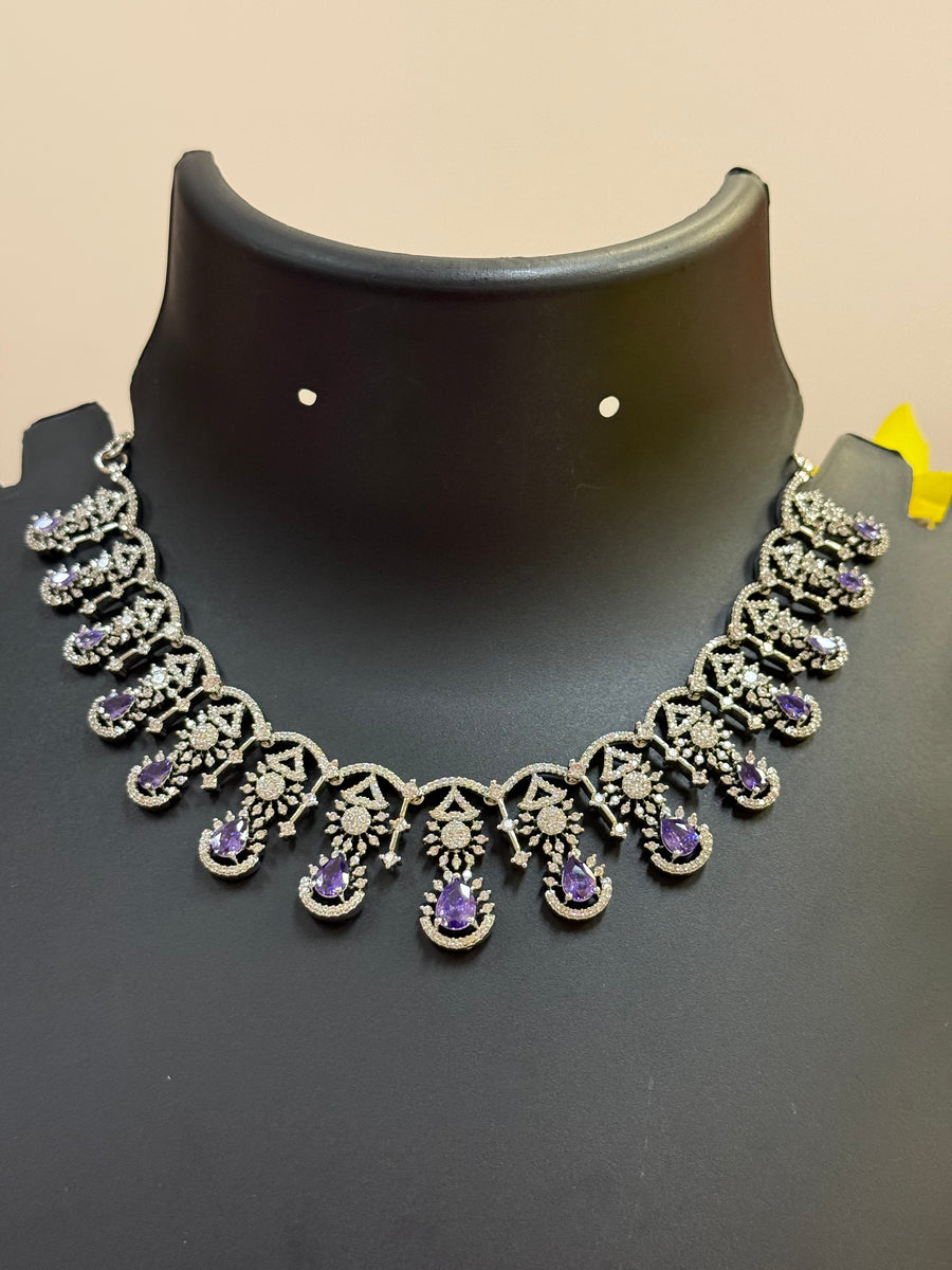 Silver Finish Party Wear CZ Necklace set with Purple Stone