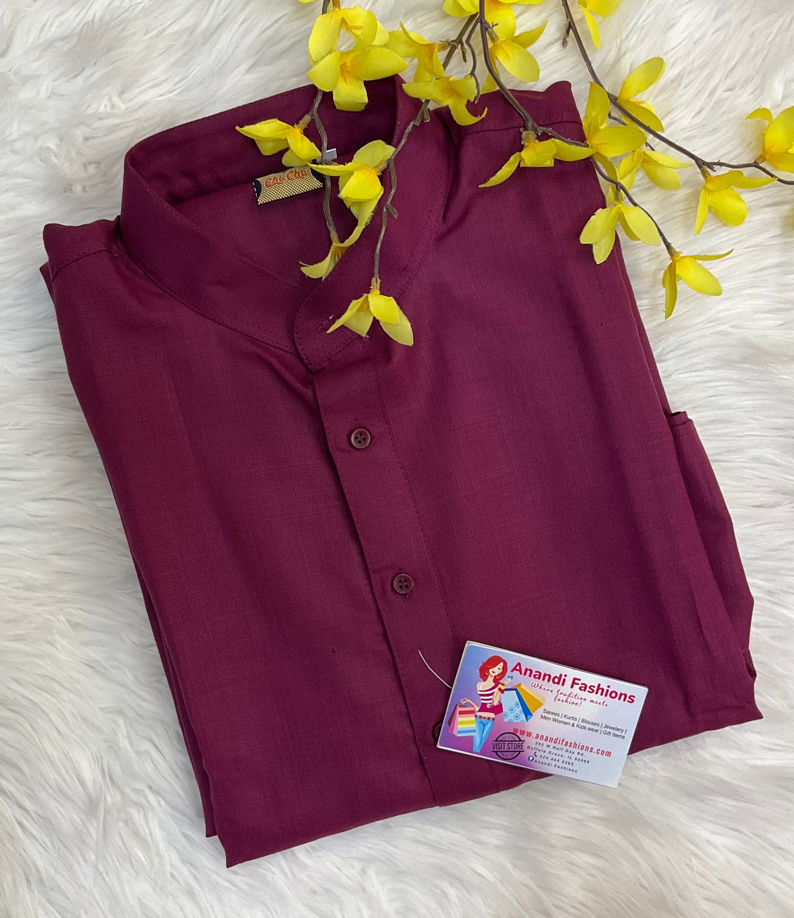 Size 44-Wine color-Pure Cotton Kurta set for men