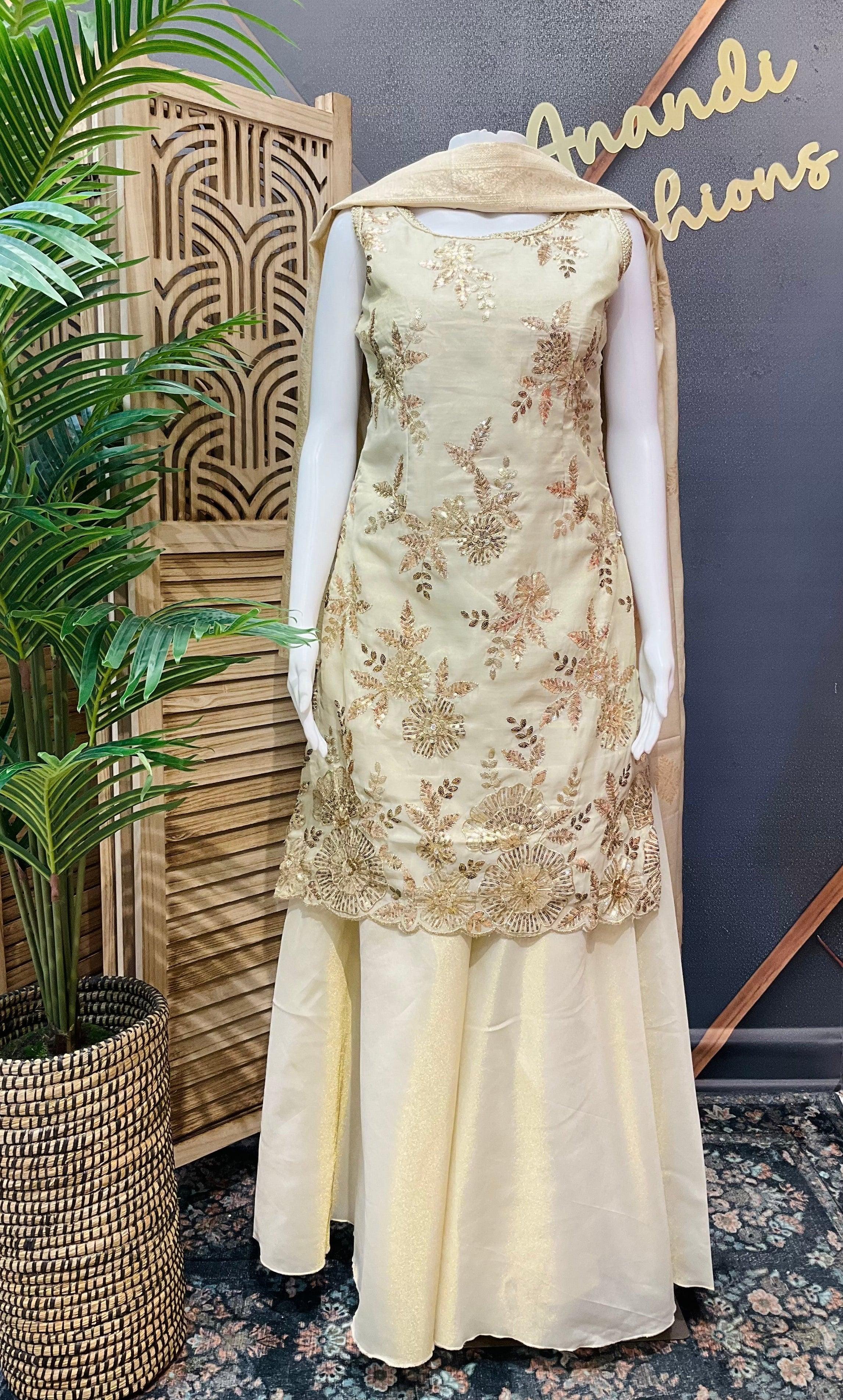 Party Wear Sharara Set Size 36 - Gold Zari Embroidery Work