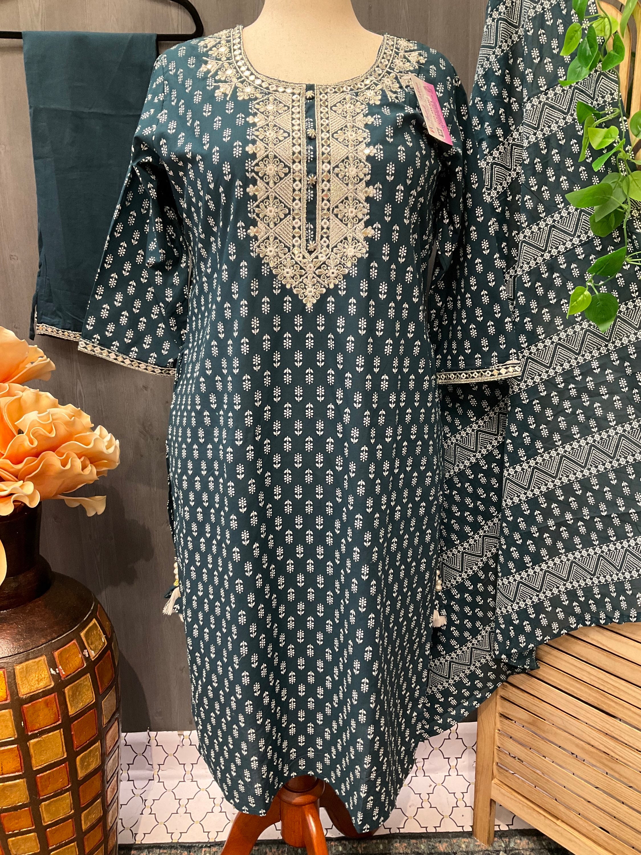 Plus Size- Teal Blue Color Pure Cotton Kurti set image 1