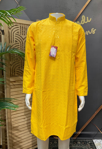Yellow Chikankari Sequence Mens wear kurta set