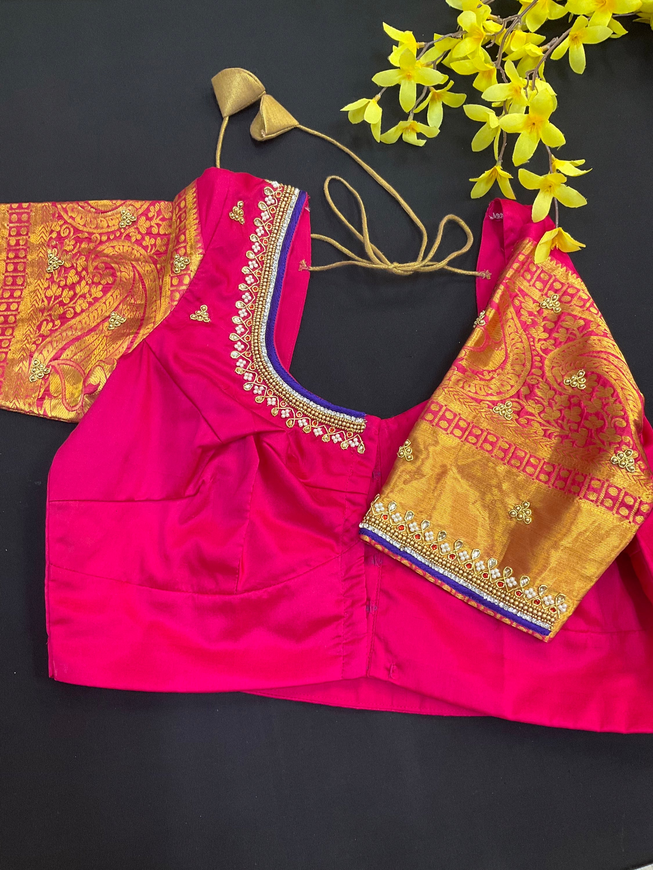 Semi Silk KanchiPuram Saree with stitched Maggam Blouse image 2