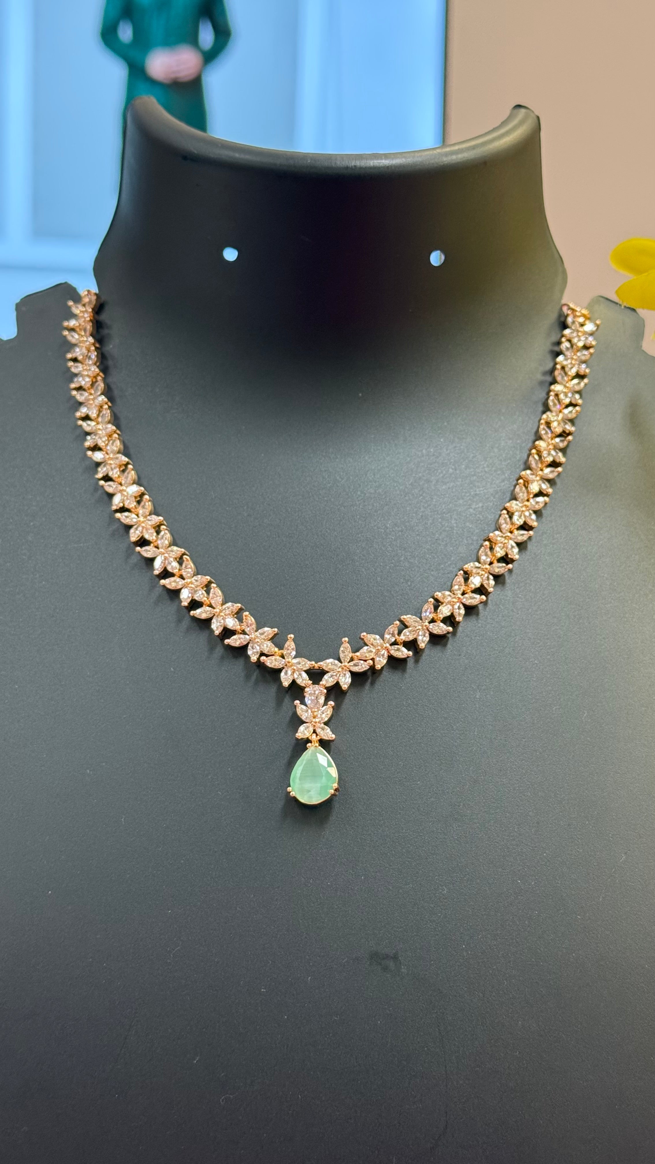 CZ Rose Gold Necklace set with Mint Green Stone