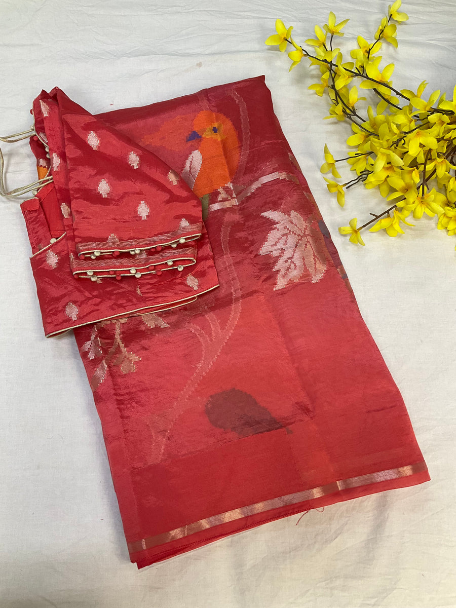 Peach color Paper Silk Saree with stitched blouse
