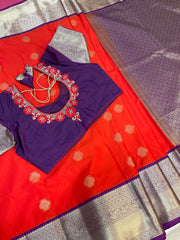 Semi Silk Red with Work Stitched Blouse Embroidered Kanjeevaram Saree