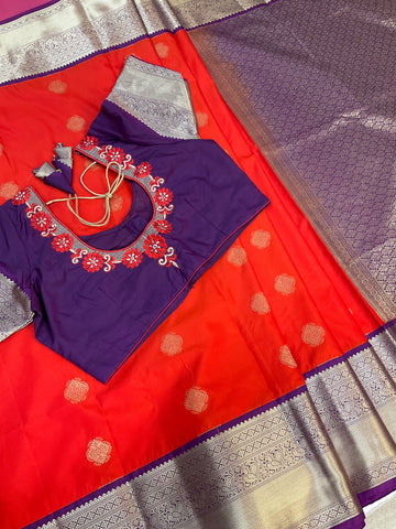 Semi Silk Red Saree with Work Stitched Blouse