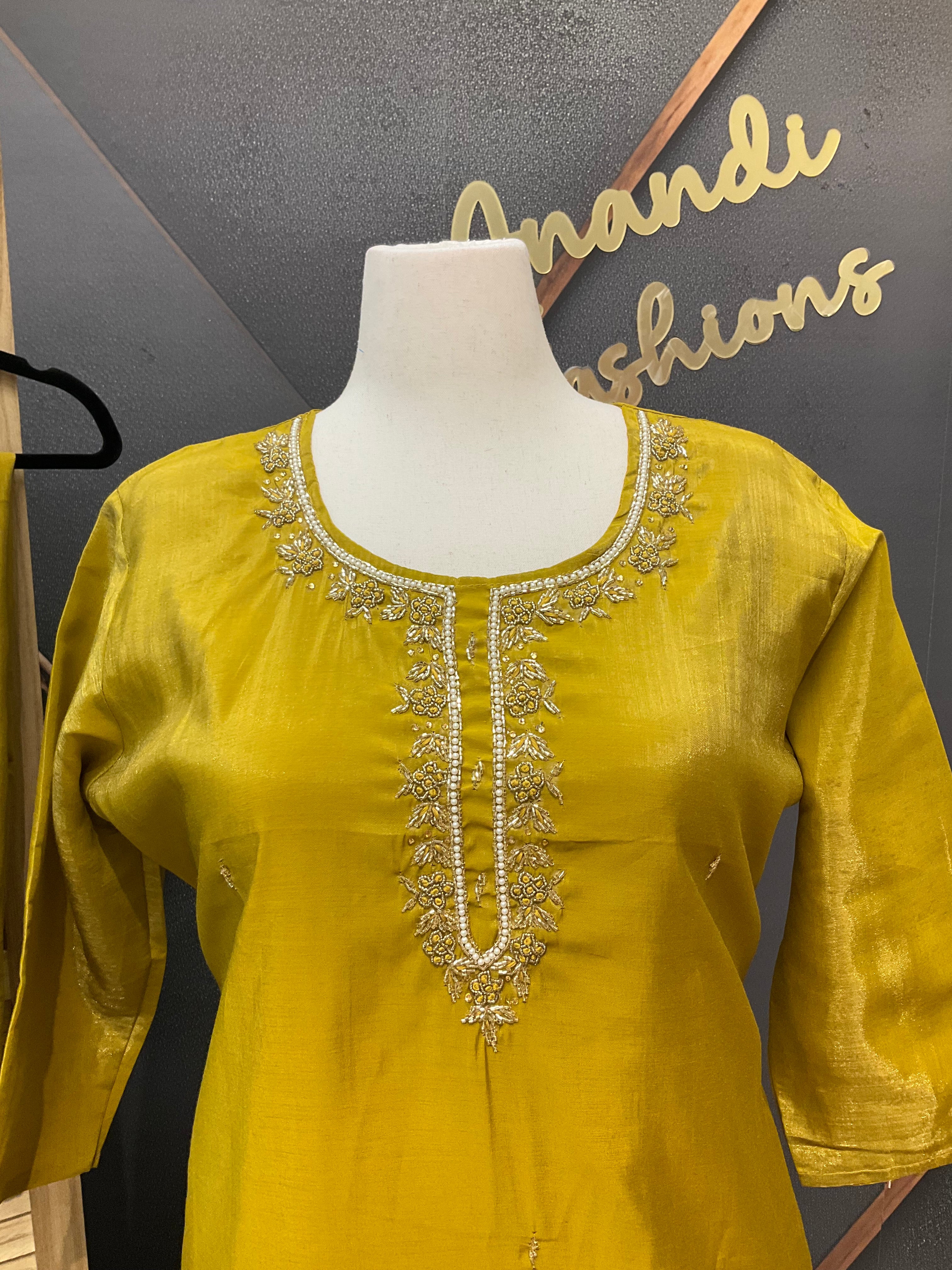 Plus Size - Mustard Yellow Shimmery Tissue Party Wear Kurti Set