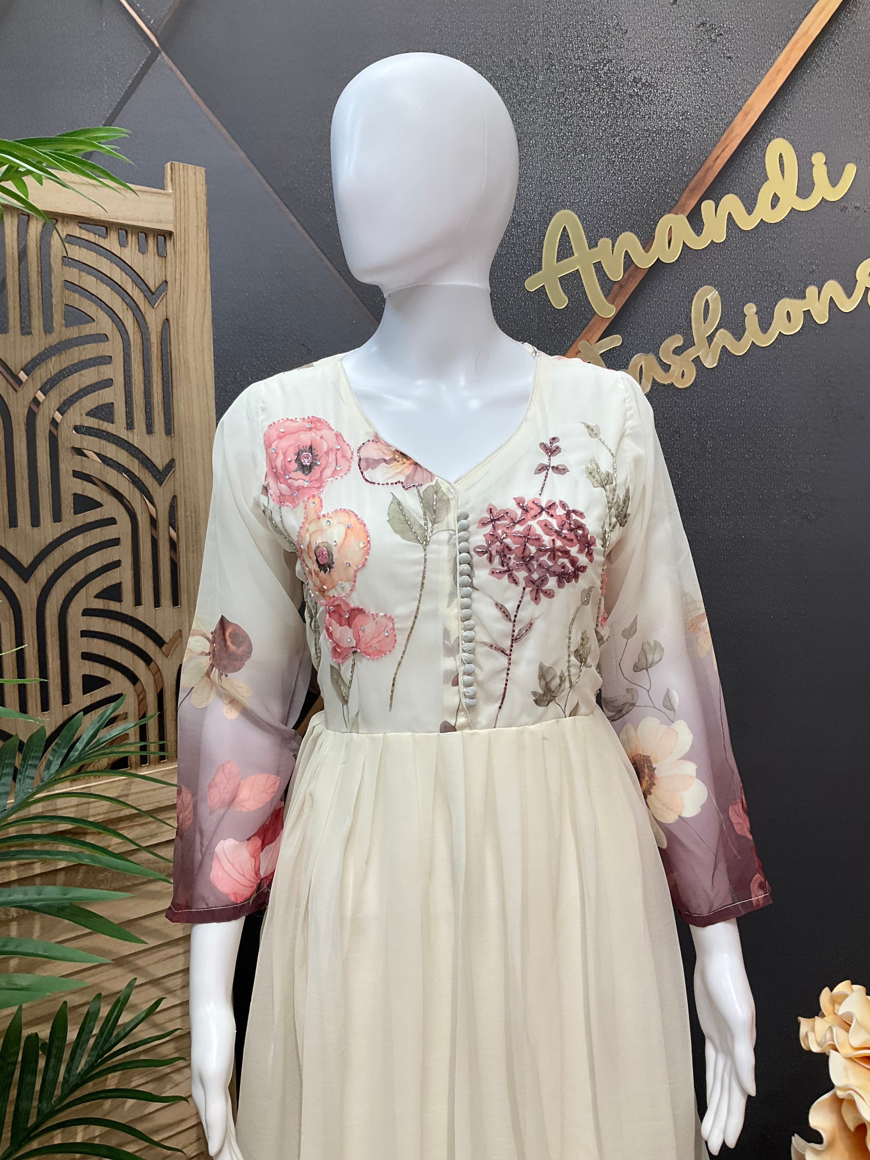 Half White Floral Long kurti with Dupatta