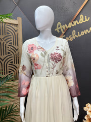 Half White Floral Long kurti with Dupatta