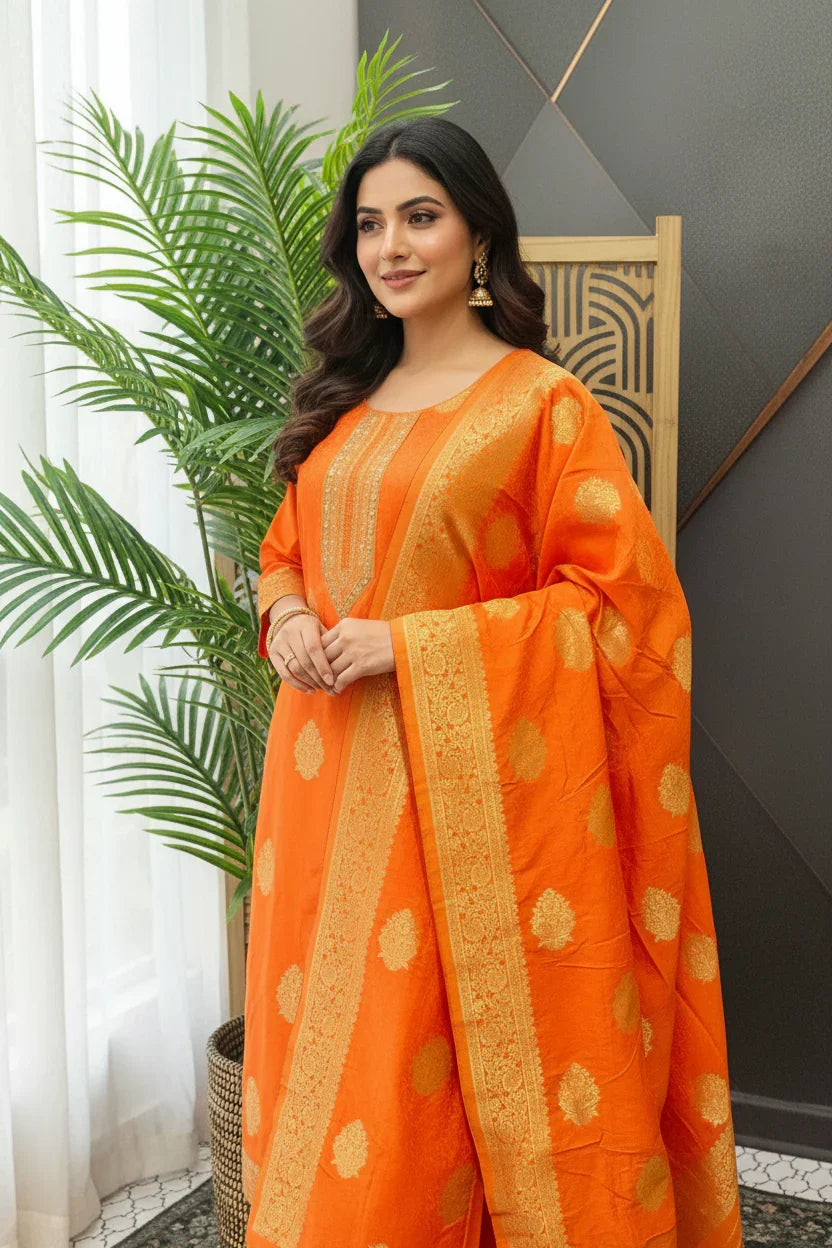 Woman in orange Indian ethnic wear with gold motifs standing indoors near green plant and decorative screen