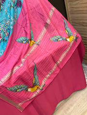 Mangalagiri Silk Digital Print Bird Design Saree with Stitched blouse