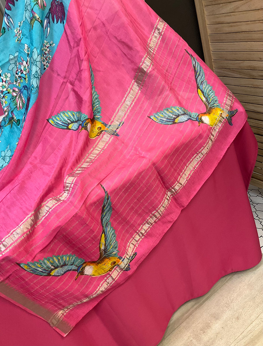 Mangalagiri Silk Digital Print Bird Design Saree with Stitched blouse