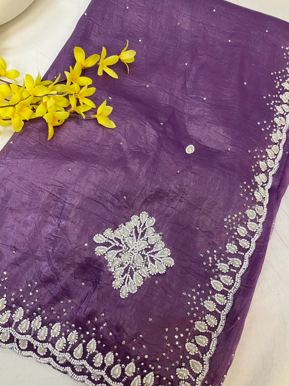 Crushed tissue saree with pearl bead work image 3