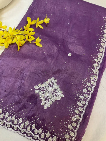 Crushed tissue saree with pearl bead work
