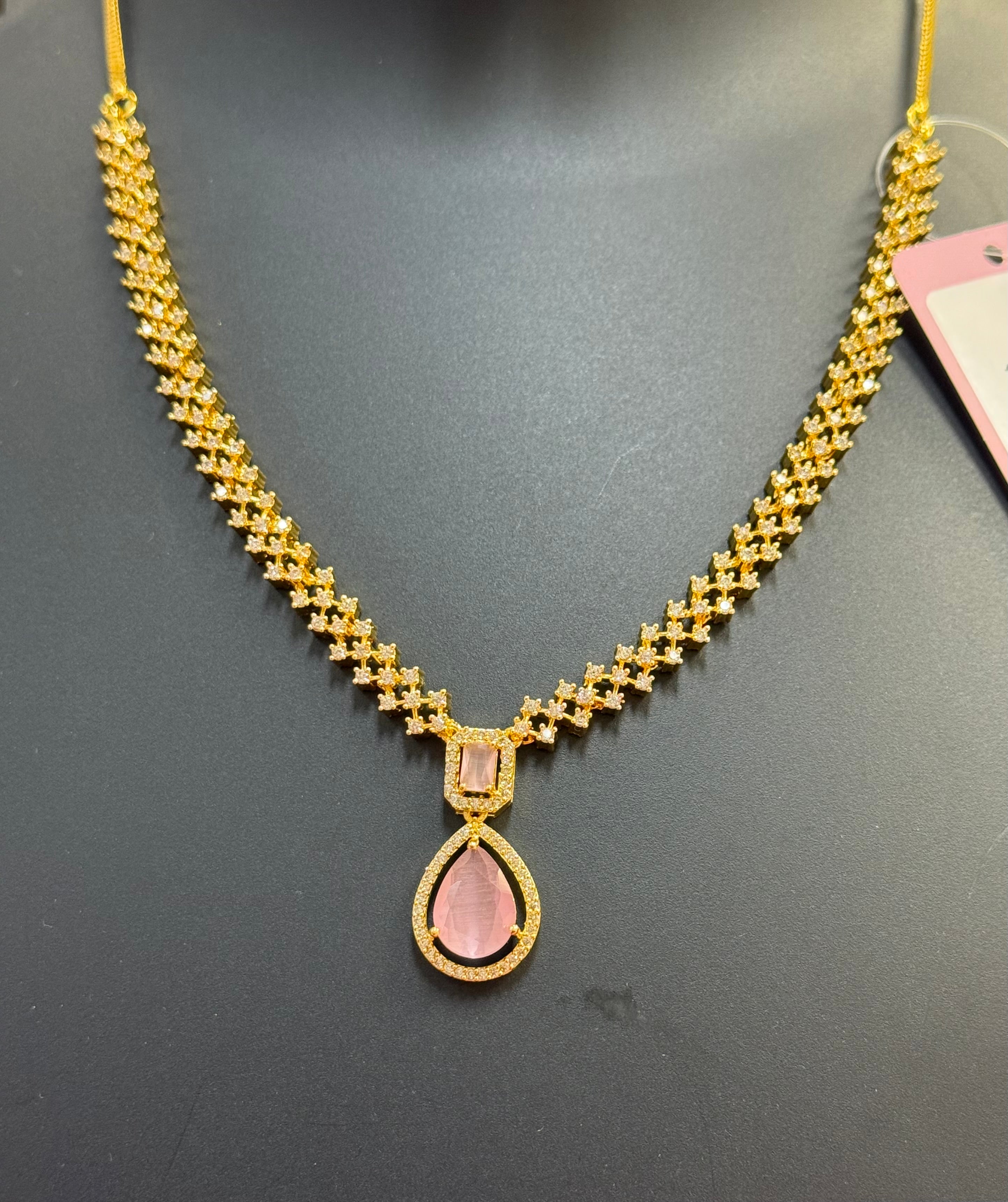 Micro Gold Polish CZ Necklace Set with Baby Pink Stone