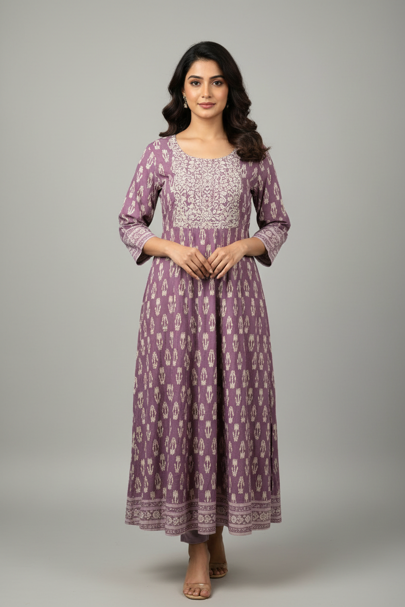 Pure Cotton- Lavender Long Anarkali Kurti