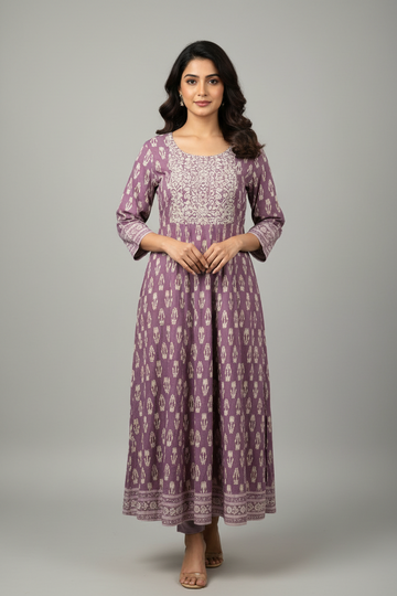 Pure Cotton- Lavender Long Anarkali Kurti
