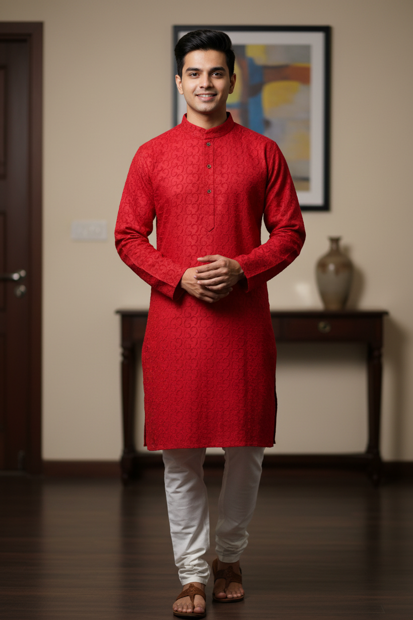 Chikankari Kurta - Maron Mens Kurta with White Pajama
