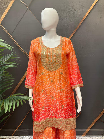 Orange Bandhani Party Wear Palazzo Set - Chinon Material