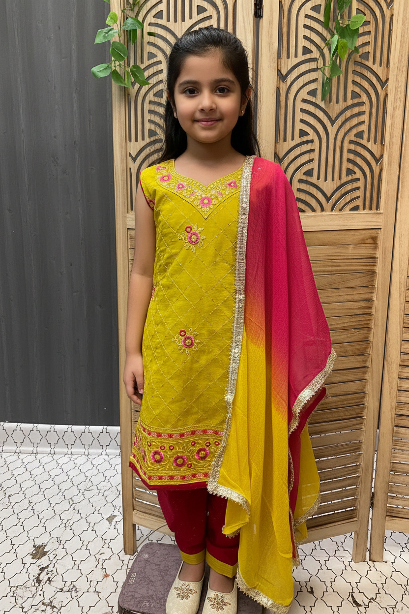 Green & Pink - Little Girls Patiala Suit