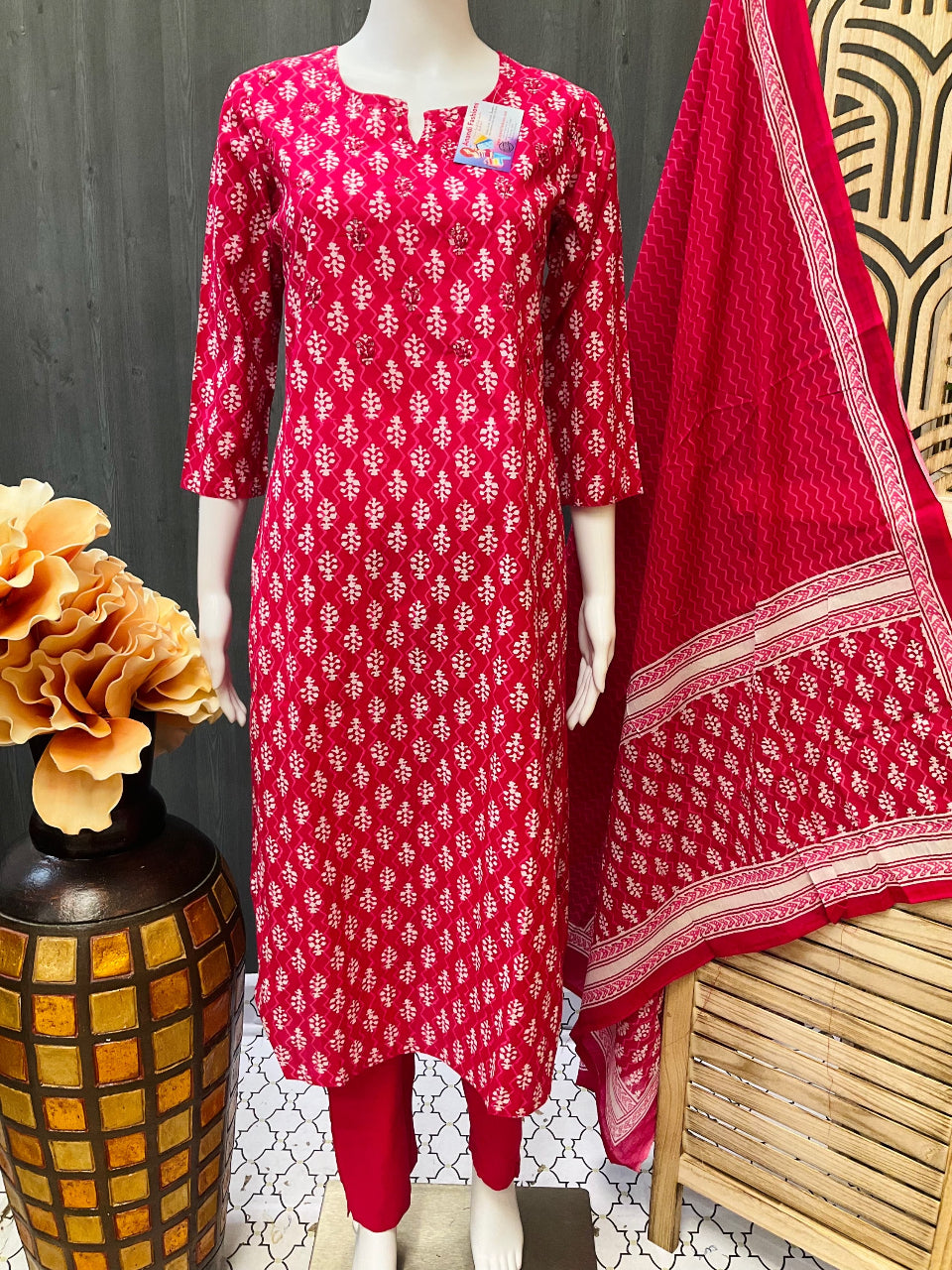 Pink- Pure cotton kurti set / churidar set with mirrors image 2