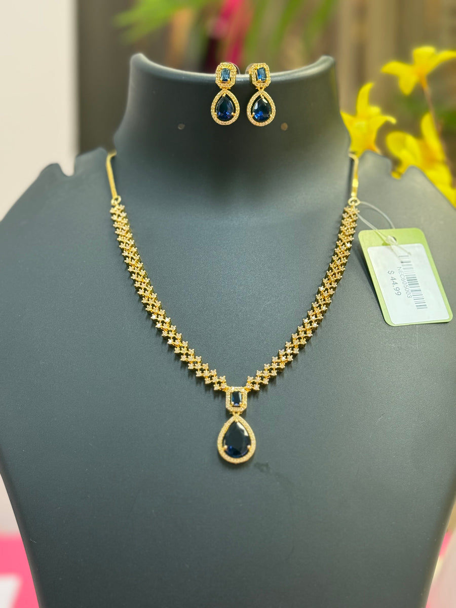 Micro Gold Polish - CZ Necklace set with Blue Pendant