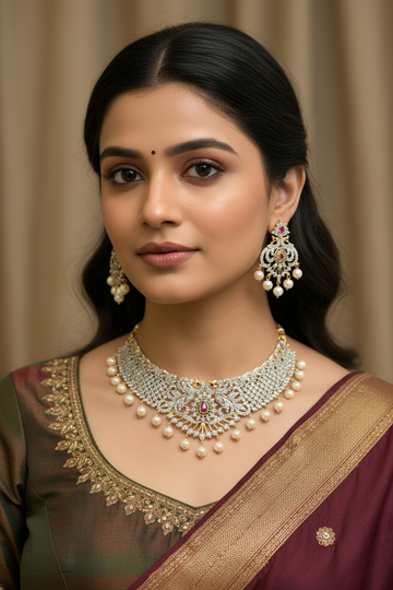Close-up of woman wearing gold and pearl Indian jewelry set with maroon and green ethnic saree